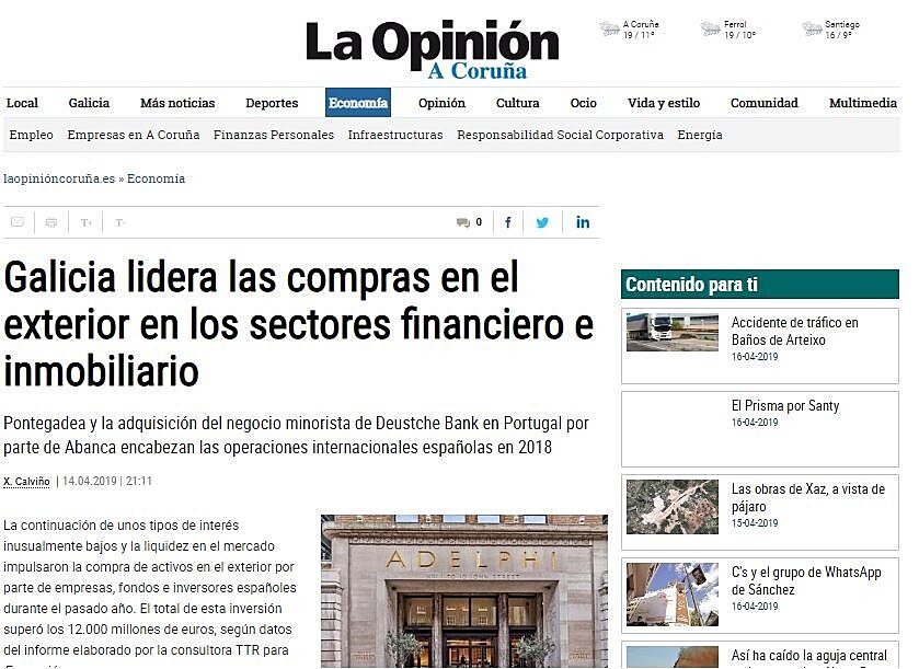 Galicia lidera las compras en el exterior en los sectores financiero e inmobiliario